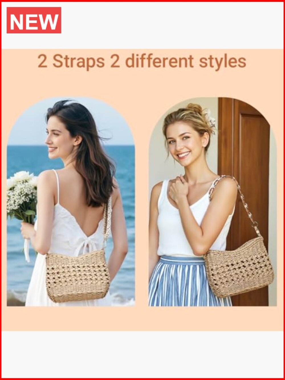 Handwoven Straw Crossbody Bag with Adjustable Guitar Strap, Zip Closure - Picture 4 of 7